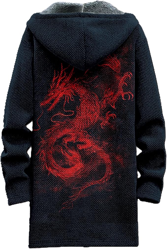 MARSVOVO Mens Cardigan Sweater Cool Graphic Lined Fleece Long Coat Zip With Pockets Fashion Coat Warm Fitted Jacket