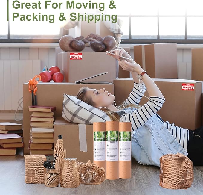 Neworld Honeycomb Packing Paper,Eco Friendly Bubble Cushioning Wrap for Moving,Products & Gifts Wrapping Paper,Recyclable Cushioning Packing Material(12" x 50') With 20 Fragile Sticker Labels