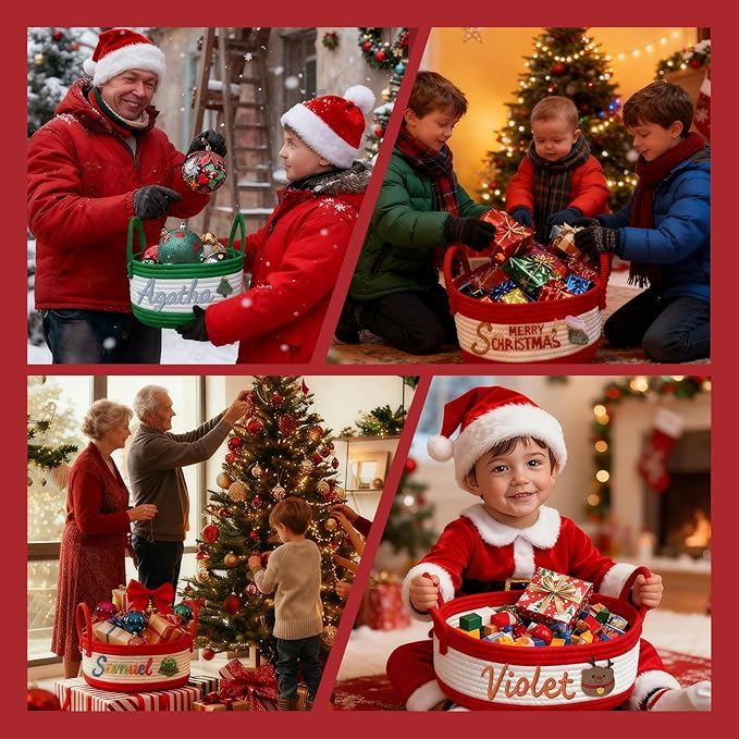 Personalized Christmas Basket with Name Custom Baby Shower Basket for Newborn, Cotton Rope Storage Organizer, Christmas Gift for Baby Kids Toddler