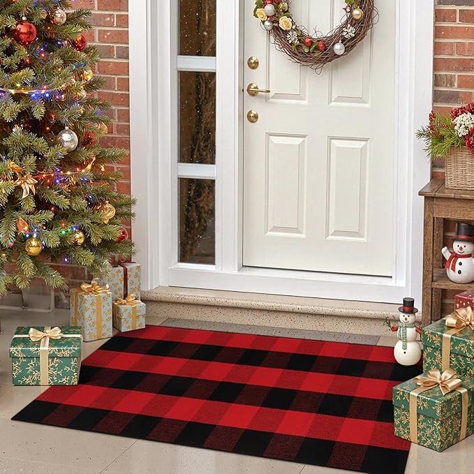 OJIA Christmas Front Door Mat 24"x51", Red Plaid Front Porch Rug Machine Washable Rugs for Kitchen Entryway Doormat Indoor Outdoor Layered Door Mats Farmhouse Throw Rug for Bathroom/Bedroom