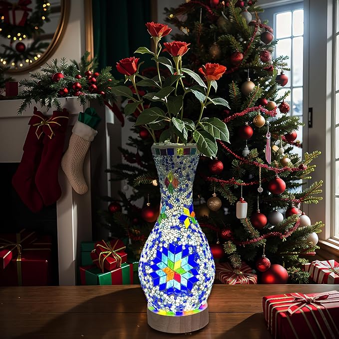 Turkish Moroccan Table Lamp Mosaic Vase Lamp Handmade Glass Vase with Wood Base Decorative Bedside Lighting for Bedroom, Living Room, Farmhouse - USB Plug