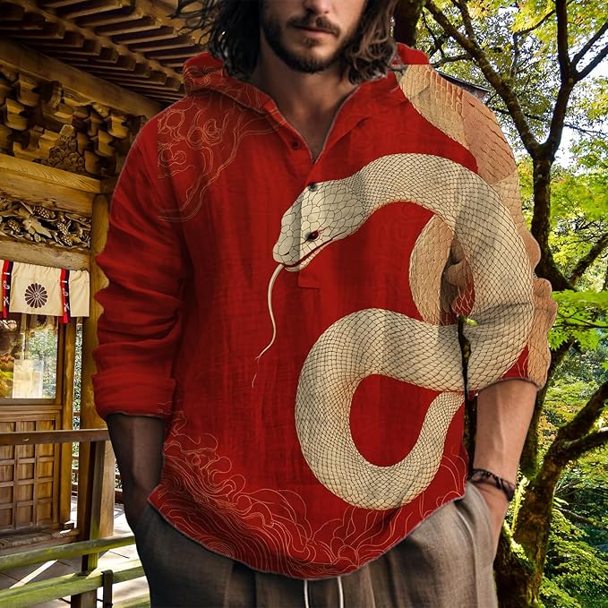 MARSVOVO Hooded Long Sleeve Shirt Men Fashion Graphic Button Up Lightweight Big and Tall Casual Vacation Shirts for Men