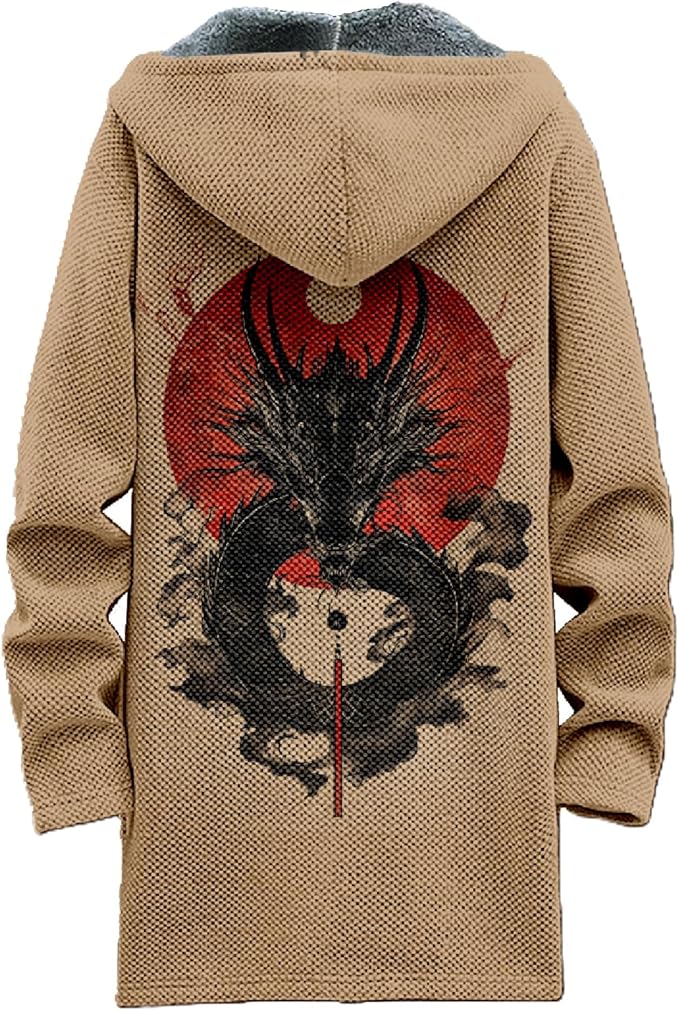 MARSVOVO Mens Cardigan Sweater Cool Graphic Lined Fleece Long Coat Zip With Pockets Fashion Coat Warm Fitted Jacket