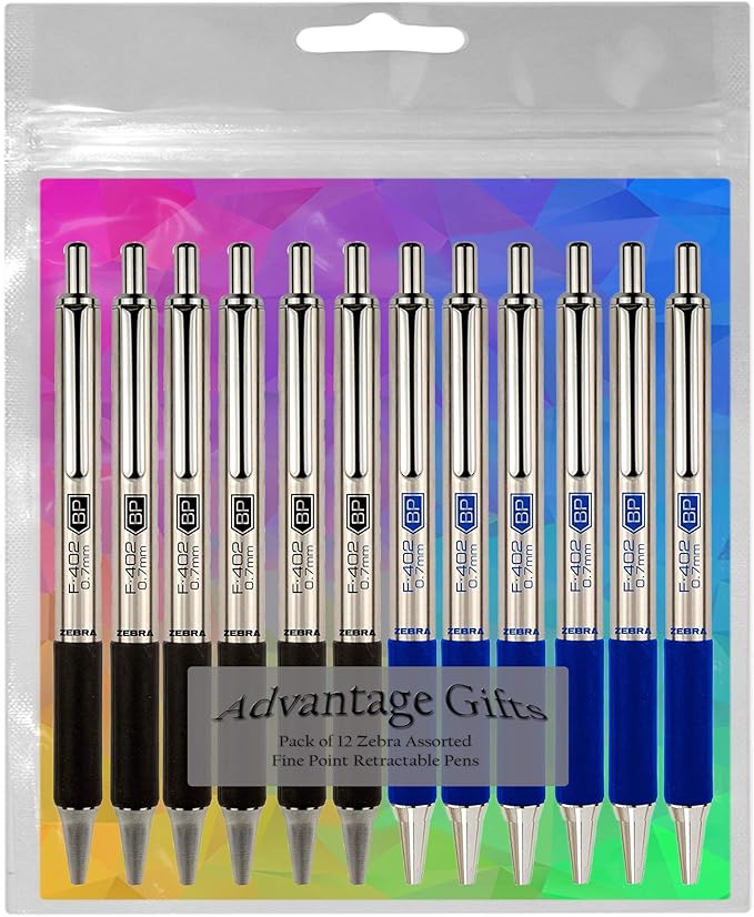 Zebra F-402 Ballpoint Stainless Steel Retractable Pen, Fine Point, 0.7mm, Black/Blue Ink, 12-Count Bundle with Plastic Reusable Pouch