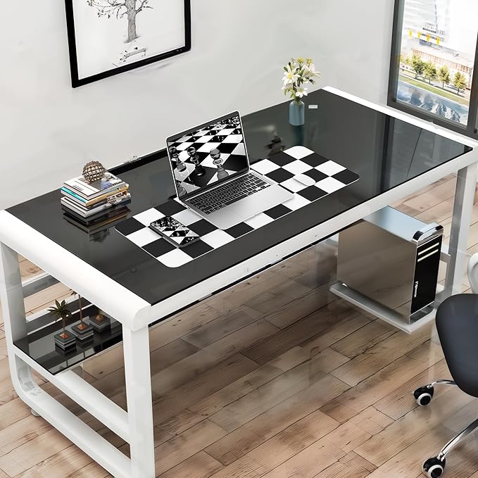 Non-Slip Checkered Desk Mat, Waterproof PU Leather Protector, Large Blotter, Easy Clean Laptop Writing Mat for Work/Home/Decor (31.5"x12", White Black)