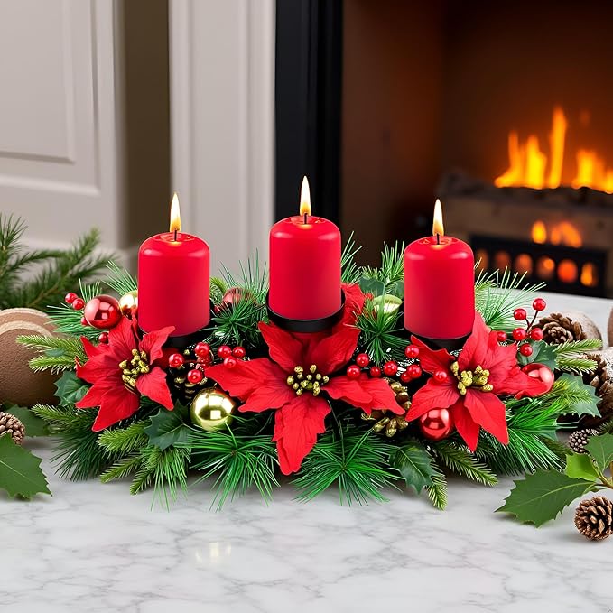 YULETIME 28" Christmas Triple Candelabrum, Holiday Candle Holder with Three Trays, Poinsettia, Red and Gold Baubles, Natural Pine Cones, Red Berries, Leaves Holly, Spruce Branches
