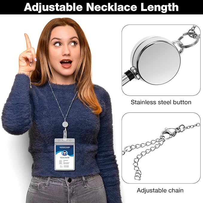 Outus 2 Pieces Badge Lanyard with ID Holders Stainless Steel Badge Holders Necklace Retractable Reel Clip Chain Water Resistant Name(Silver)