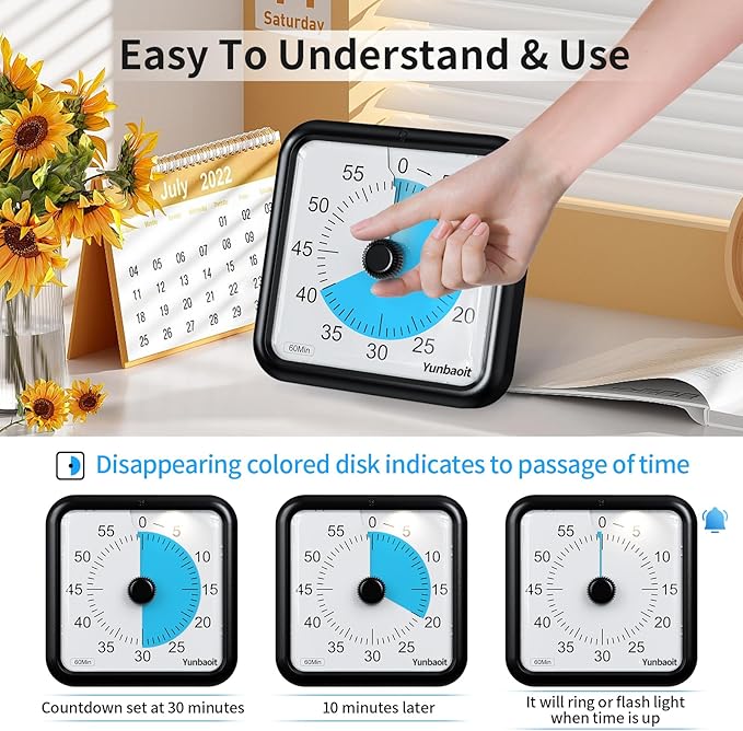 Yunbaoit 16cm Classroom Visual Timer with Optional Alert Modes, 60 Minute Oversize Visual Countdown Timer for Kids and Adults, Silent Magnetic Kitchen Timer with Kickstand(Black Blue)