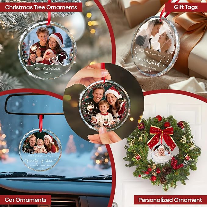 Personalized Christmas Ornaments 2025 for Familie, Custom Christmas Ornaments, Crystal Photo Ornament for Xmas, Wedding, Anniversary, Personalized Gifts for Family, Kids, Couple, Pet (3.15”)
