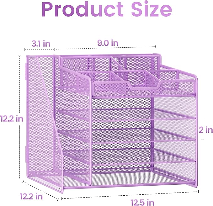 Lavatino 5-Tier Metal Mesh Desk Organizer with File Holder & 7 Customizable Compartments | Paper Letter Tray for Office or Home Desk Storage | Keep Workspace Supplies Neat & Organized, Purple