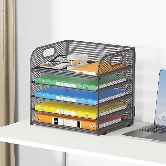 Lavatino 5 Tray Desk File Organizer, Mesh Paper Sorter Letter Tray Organizer with Handle, Desktop File Organizer and Storage for Letter/A4 Office File Folder- Grey
