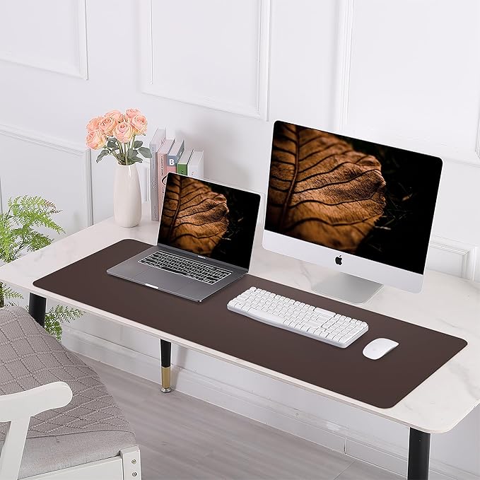 Leather Desk pad Protector, Large Desk mat with Natural Cork & PU Leather,Mouse pad,Non-Slip Office Desk Mat,Waterproof Desk Writing Pad for Office and Home (Coffee 31.5in*17in)
