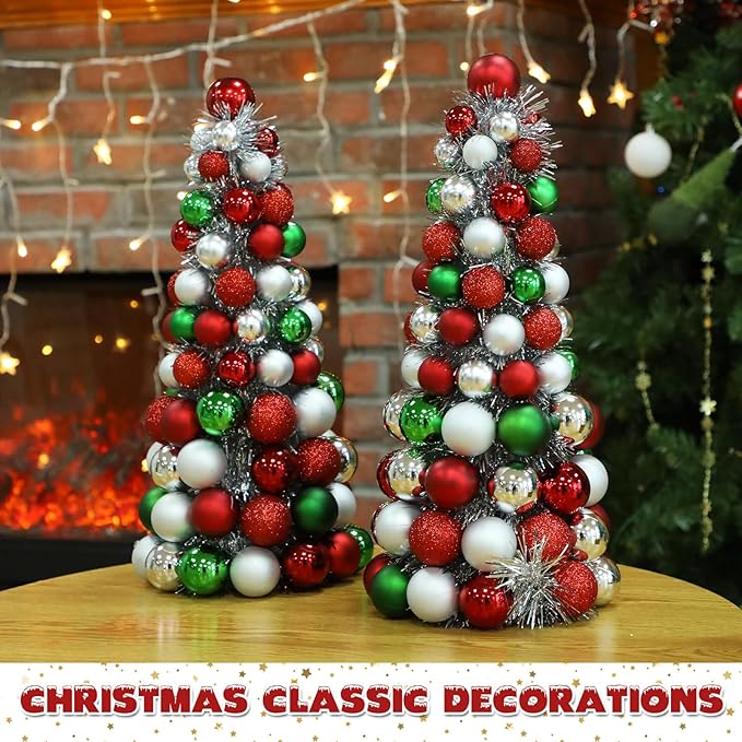 Meooeck 2 Pcs Christmas Ball Tree with Lights 16 Inch LED Fireplace Table Holiday Xmas Tree Decorations Tabletop Christmas Beach Decorations for Party(Red, Silver, Green)