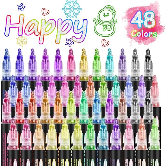 Double Line Outline Super Squiggles Glitter Markers 48 Colors - Self Outline Metallic Drawing Pens for Christmas Cards, Birthday Gifts, DIY Art Crafts