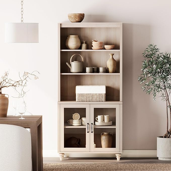 WAMPAT 5 Tier Bookshelf 72" Tall Bookcase with Glass Doors,Large Farmhouse Display Book Shelf with Adjustable Shelves and Storage Cabinet,Library Wood Bookshelves for Living Room,Kitchen, Light Oak