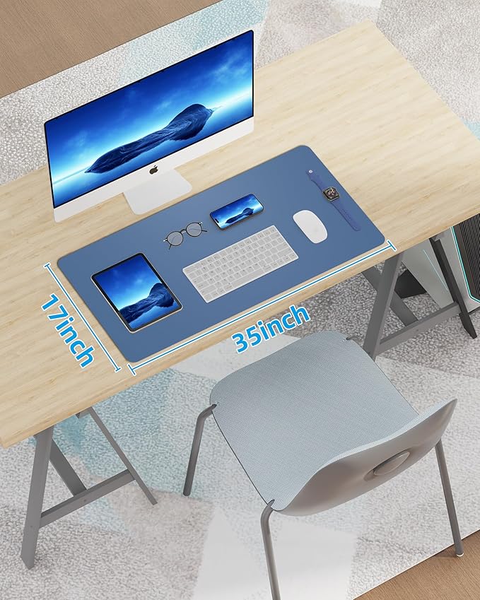 Leather Desk Pad Blotter,Mouse Pad,Office Desk Mat, Non-Slip PU Leather Desk mat,Large Desk mat,Waterproof Keyboard mat for Office/Home/Decor (Grey Blue,35" x 17")