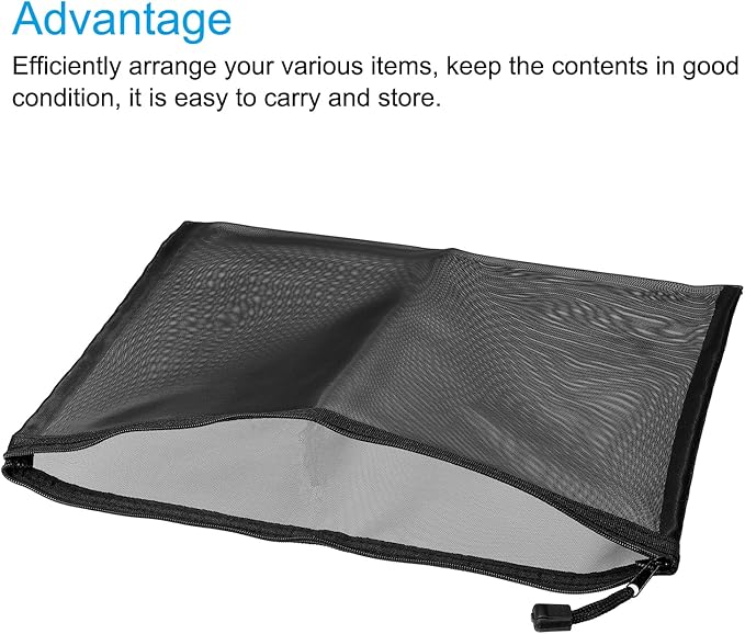 MECCANIXITY Mesh Zipper Bags, A4 Nylon Zip Pouch Pencil Case Storage Pockets for Travel Office Accessories, Black Pack of 6