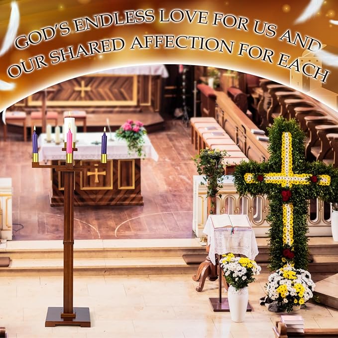 Mumufy 48 Inch Tall Advent Church Stand Candleholder Set of 5 Purple Pink White Candles Wood Nativity Candle Stand with Metal Arch Christmas Candlestick Holder for Christmas Church Holy (Deep Wood)