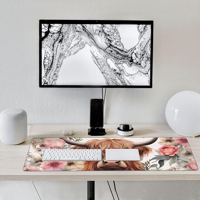 35.4 x 15.7 in, Waterproof XXL Large Mouse Pad for Desk, Extended Keyboard Mouse Mat for Computer Office, Big Laptop Mouse pad, Gaming Pc-Highland Cow Pink Floral