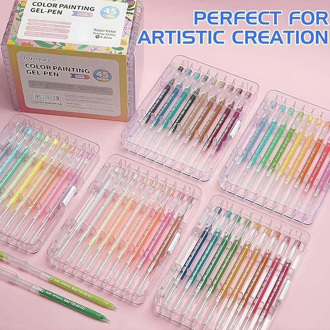 45 Color Gel Pens, 0.6 mm Fine Tip Gel Pens for Adult Coloring Book—Portable Case gel pens Colored for Journaling, Coloring, Planners, Drawing & DIY Crafts. Non-Toxic,Smooth,Water-Based