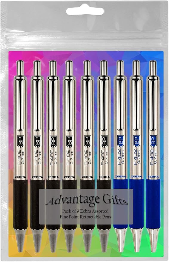 Zebra F-402 Ballpoint Stainless Steel Retractable Pen, Fine Point, 0.7mm, Black/Blue Ink, 9-Count Bundle with Plastic Reusable Pouch