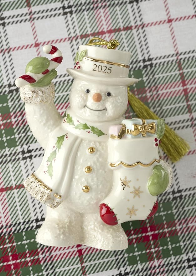 Lenox Ornament, 2025 Snowman with Stocking Christmas Ornament, Made from Porcelain Featuring Gold Accents and Hanging Cord, Snowman with Stocking Design, Christmas Tree Decorations (White, 1 Piece)