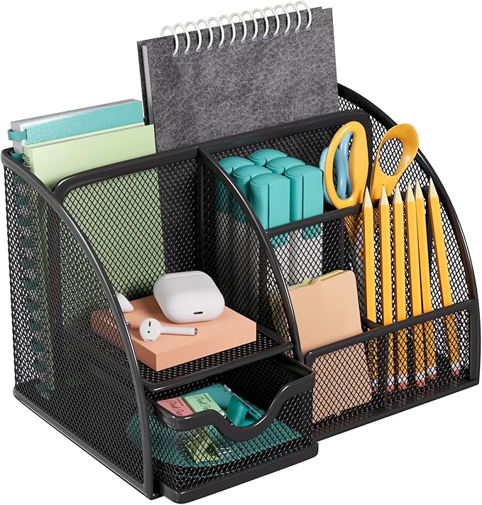 MaxGear Office Desk Organizer - 6 Compartment Pen Holder & Drawer, Metal Mesh Desktop Organizer with Non-Slip EVA Pad, Black Desk Caddy, 8.7" x 5.5" x 5"
