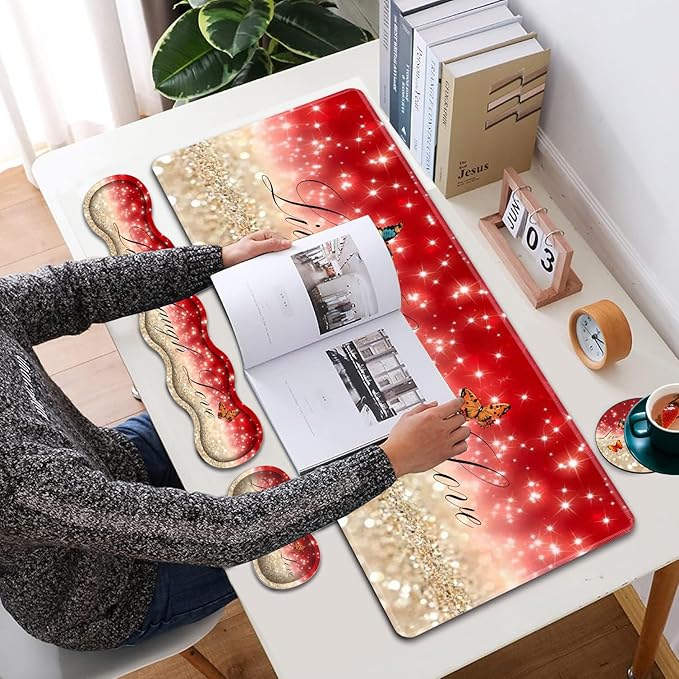 Large XXL Gaming Desk Mat 31.5"x 11.8", Ergonomic Keyboard Wrist Rest & Mouse Pad Wrist Rest + Coaster Set, Non-Slip Base, Memory Foam, Office and Home, Live Laugh Love