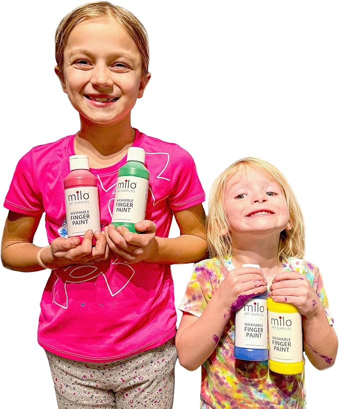 milo Kid's Washable Finger Paint Set of 8 Colors | 8 oz Bottles | Safe and Non-Toxic | Made in the USA | Art & Craft Paints for Kids, Toddlers, Pre School Supplies Painting Set for Children | Easy Pour and Squeeze Bottles