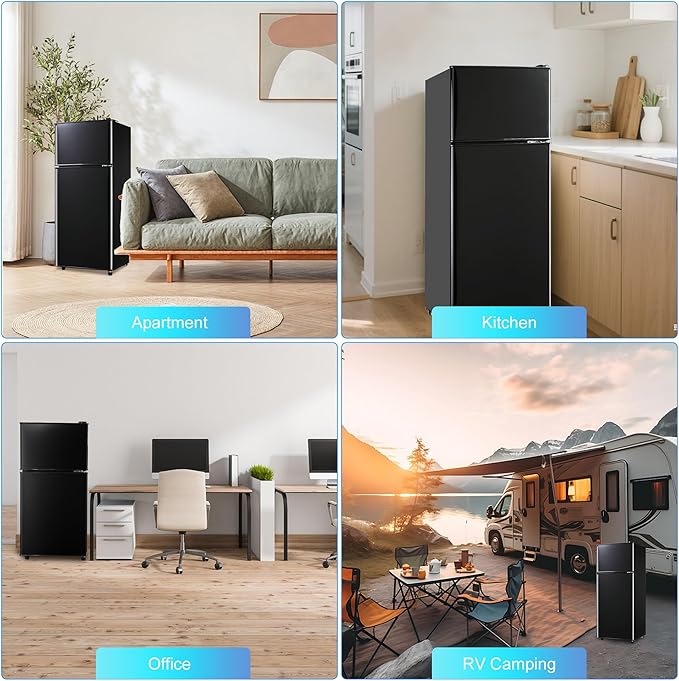 Mini Fridge with Freezer, 4.0 Cu. Ft. Double-Door Mini Refrigerator with 7-Level Adjustable Thermostat & Adjustable Glass Shelves, Compact Dorm Fridge 37 dB Low Noise for Bedroom, Apartment, Black