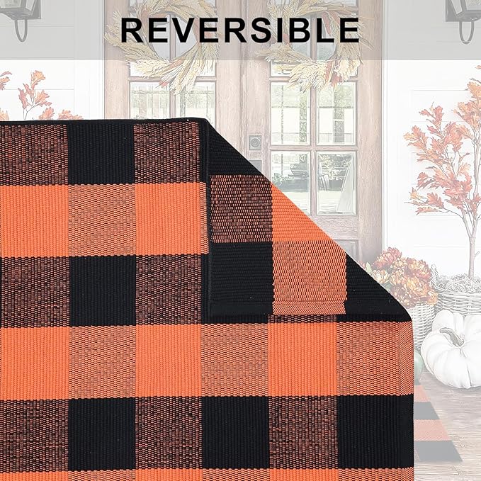Orange and Black Plaid Rug, 28'' x 43'' Fall Outdoor Front Door Decor Mat, Cotton Washable Hand-Woven Rug for Layered Doormat, Autumn Halloween Thanksgiving Carpet for Porch, Entryway