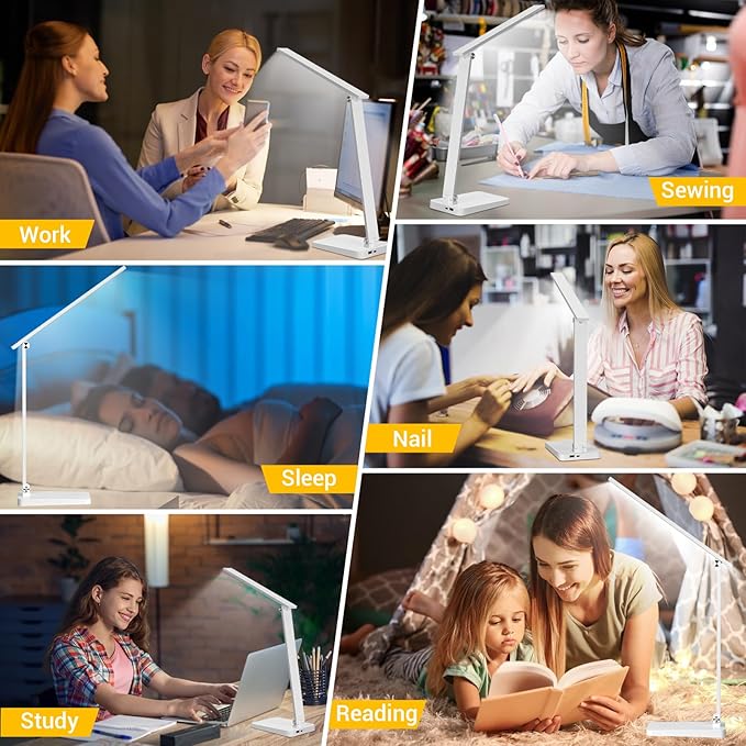 LED Desk Lamp for Home Office, 3 Levels Dimmable Desk Light with USB Charging Port, Small Study Lamp, Reading Light for Table, White, 5000K