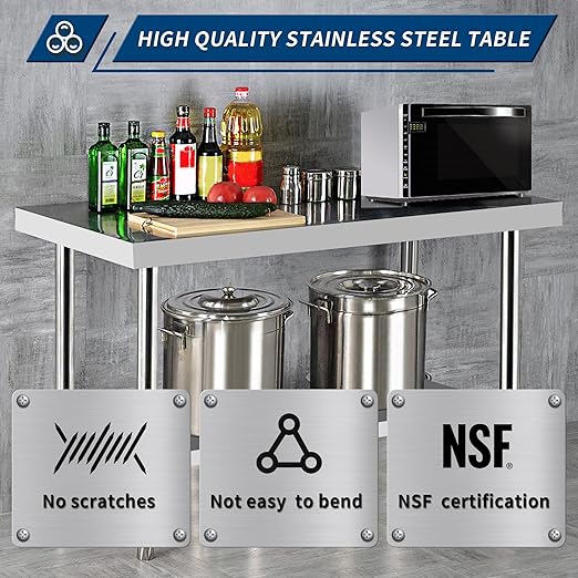 NSF Stainless Steel Table for Prep & Work 24 x 60 Inches Commercial Heavy Duty Food Prep Worktable with Undershelf for Restaurant, Home and Hotel Christmas Preparation Table
