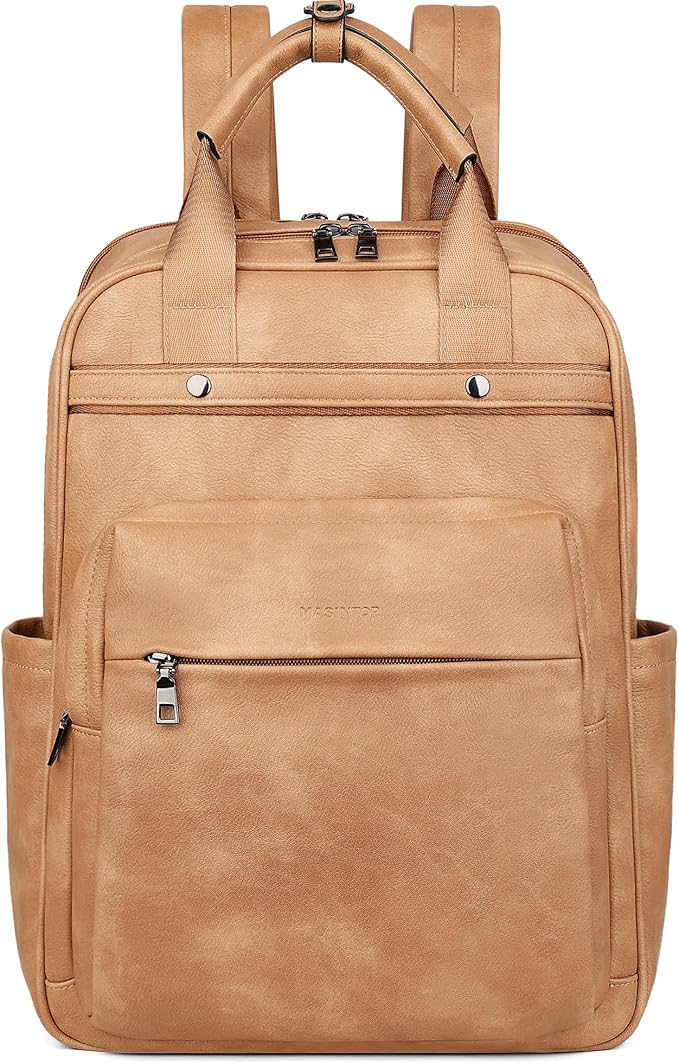 MASINTOR Leather Laptop Backpack for Women, Stylish Computer Backpack College Business Work Shoulder Bags Work and Travel Retro Camel