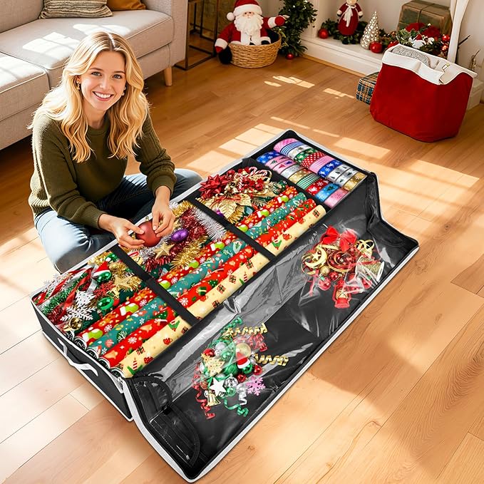 Wrapping Paper Organizer Storage, Christmas Wrapping Paper Storage for Christmas Decorations, Ribbon, Accessories, Underbed Gift Wrap Container with Flexible Partition, Interior Pockets(Black)