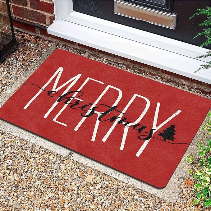 Merry Christmas Doormat Red Funny Text Door mat Outdoor Entrance Christmas Festival Carpet for Outside Entrance Or Porch Entry Entrance Decoration, 18" x 30"Inch
