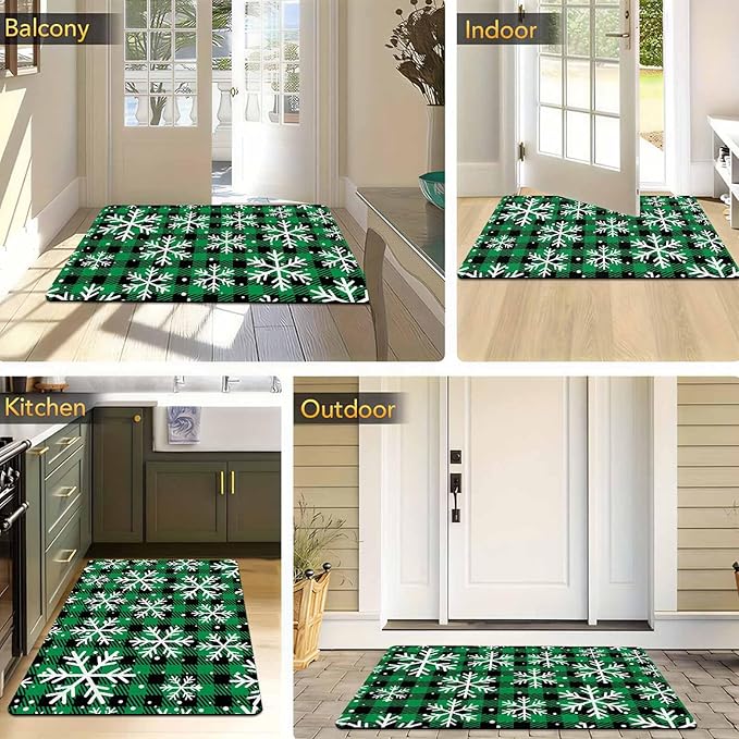 Merry Christmas Door Mat Xmas Snowflakes Doormat Non Slip Rubber Entry Front Porch Rugs Green Plaid Welcome Mats for Christmas Indoor Outdoors, 16" x 24" Inch