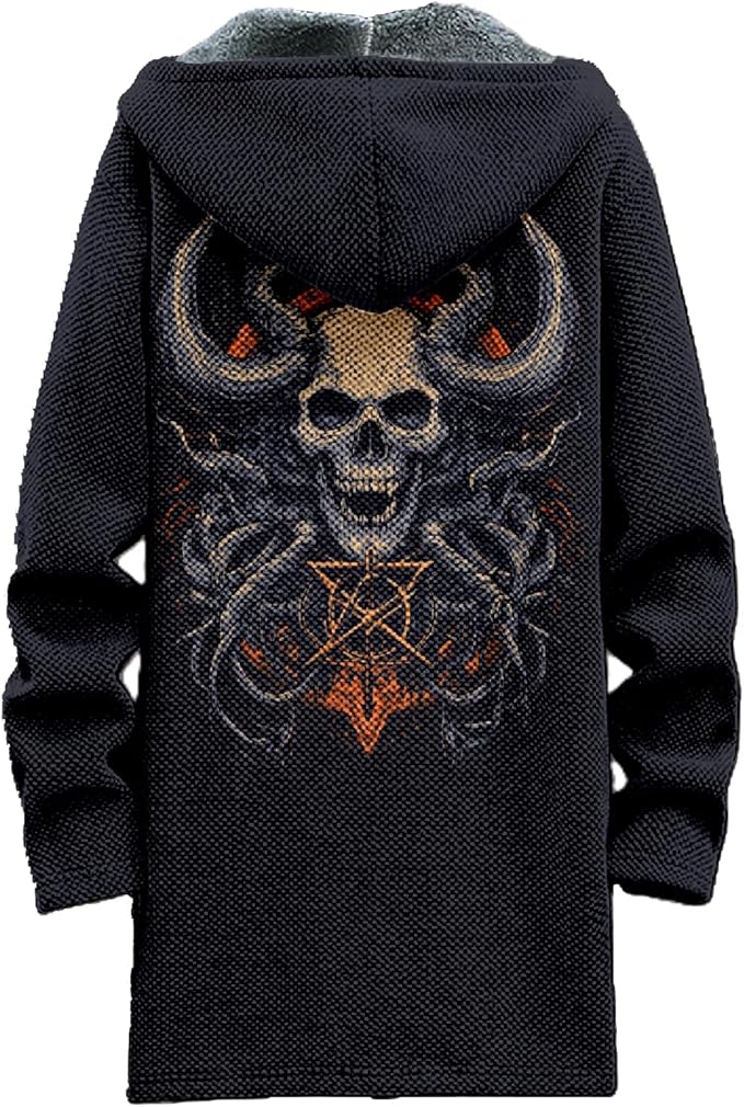 MARSVOVO Mens Cardigan Sweater Cool Graphic Lined Fleece Long Coat Zip With Pockets Fashion Coat Warm Fitted Jacket