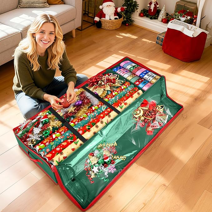 Wrapping Paper Organizer Storage, Christmas Wrapping Paper Storage for Christmas Decorations, Ribbon, Accessories, Underbed Gift Wrap Container with Flexible Partition, Interior Pockets(Green)