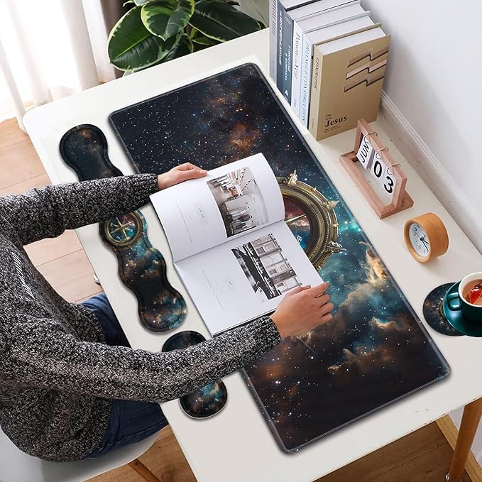 Large XXL Gaming Desk Mat 31.5"x 11.8", Ergonomic Keyboard Wrist Rest & Mouse Pad Wrist Rest + Coaster Set, Non-Slip Base, Memory Foam, Office and Home, Space Compass