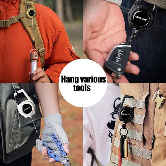 Retractable Keychain Heavy Duty, Multitool Carabiner Badge Holder, Retractable Keychain Clip Id Holder, Tactical ID Badge Reel with 29.5" Steel Retractable Cord, White