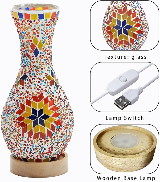 Mosaic Vase Lamp, Turkish Moroccan Table Lamp,Colorful Handmade Glass Vase with Wood Base for Flowers, USB Charge Decor Light for Bedroom Ambient Living Room Farmhouse