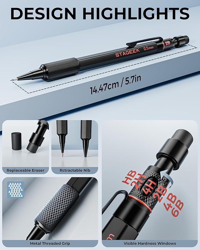 Mechanical Pencils 0.5 with Case, Metal Weatherproof Body Outdoor Artist Mechanical Pencil with 120 PCS HB & 2B Lead Refills, Eraser, for Writing Drafting Drawing and Sketching