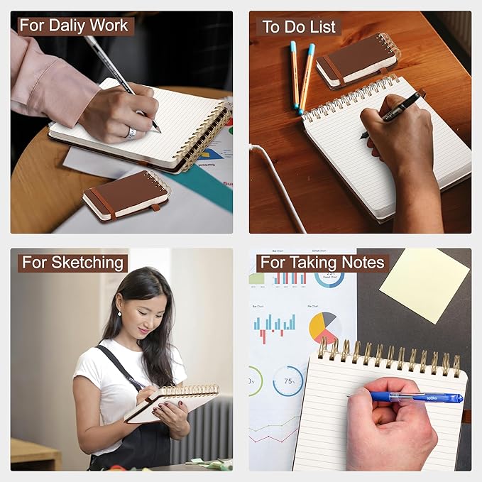 Yoment Small Notebooks 3x5 Leather Pocket Notepad 150 Pages Mini Top Spiral Notebook, 100 GSM Thick Paper, Memo Note Pads for Work School Nursing, Brown