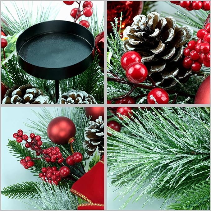 YULETIME 28" Christmas Triple Candelabrum, Holiday Candle Holder with Three Trays, Red Baubles, Natural Pine Cones, Red Berries, Green Leaves Holly, Spruce Branches, Pine Needles