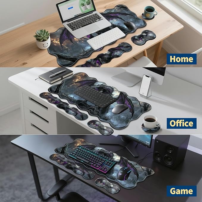 4-Piece XXL Gaming Mouse Pad Set (31.5"x11.8") with Keyboard Wrist Rest,Mouse Wrist Support & Coaster,Ergonomic Non-Slip Desk Mat for Office & Home,Dark Dragon Fantasy