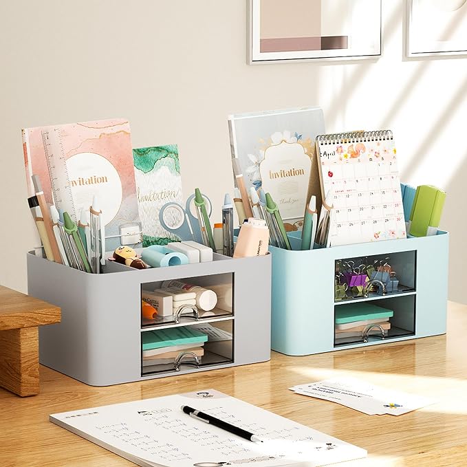 Marbrasse Pen Organizer with 2 Drawer, Multi-Functional Pencil Holder for Desk, Desk Organizers and Accessories with 5 Compartments + Drawer for Office Art Supplies (Grey)