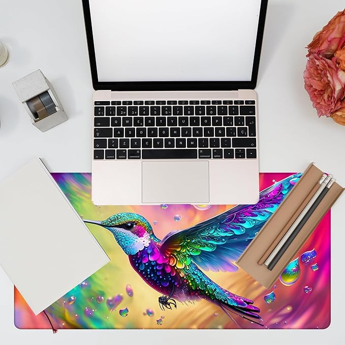 Large Gaming Mouse Pad for Desk, Colorful Hummingbird Desk Mat, Bright Hummingbird Desk Pad, 31.5"x15.7" Extended Big Computer Keyboard Mouse Pad with Non-Slip Base and Stitched Edge