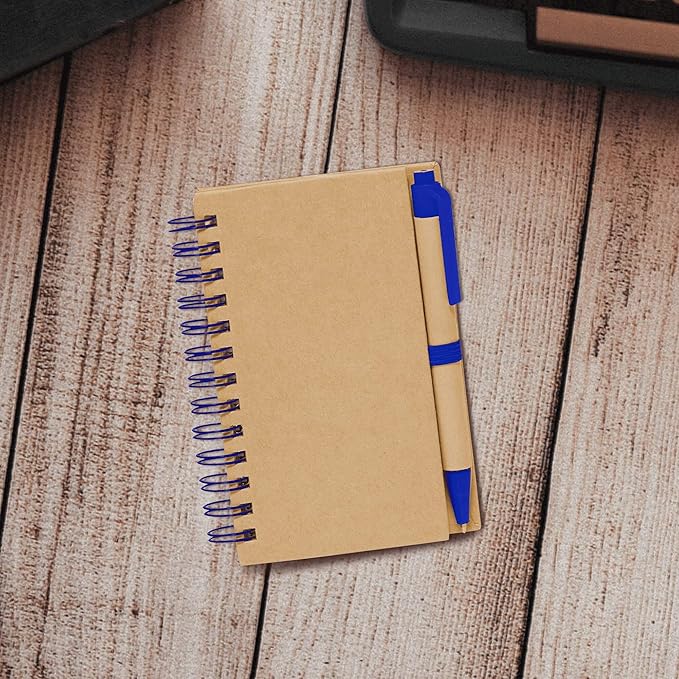 Mini Spiral Notebooks with Black Ink Pens Set of 10, Bulk Pack - Perfect for School, Office, Business, Home - Blue