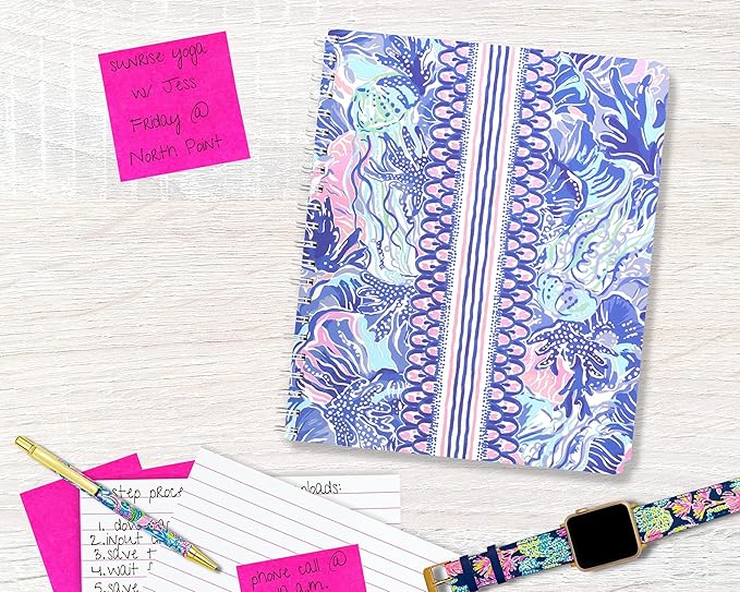 Lilly Pulitzer Large Pink/Blue Hardcover Spiral Notebook, 11" x 9.5" with 160 College Ruled Pages, Shade Seeker